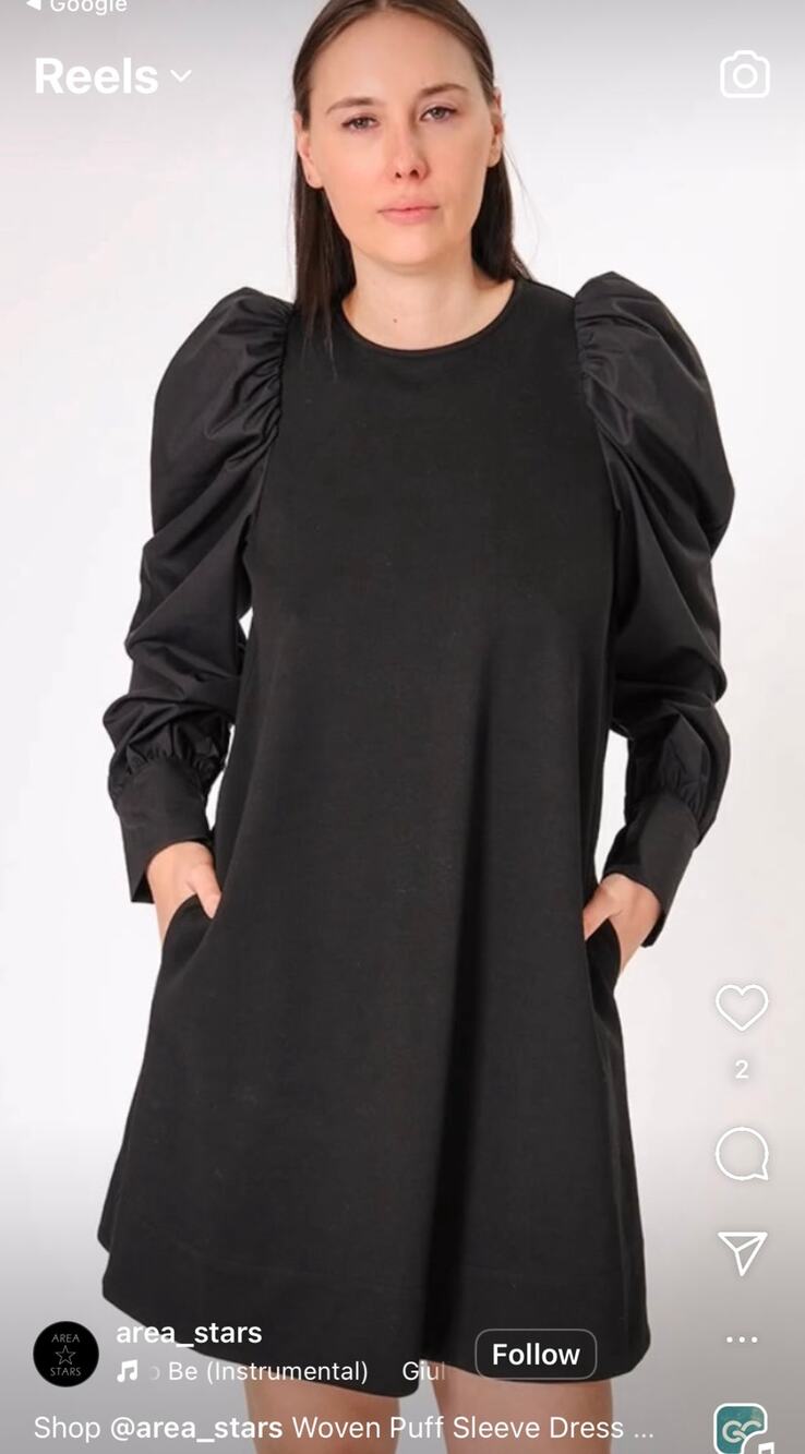 Area Stars Woven Puff Sleeve Shift Dress Mini Midi Cotton Blend Black Small NWT